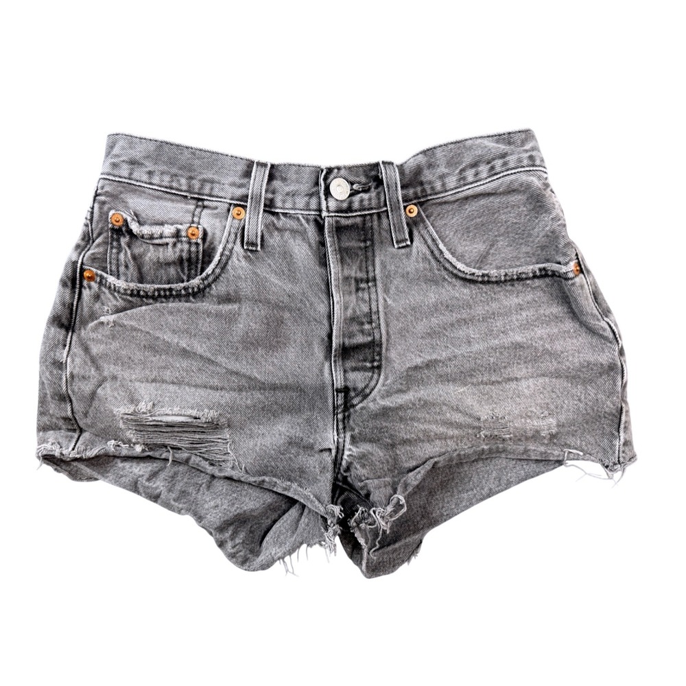 Levis 501 Womens Gray Distressed Denim Shorts Cut Off High Rise Button Fly W27
